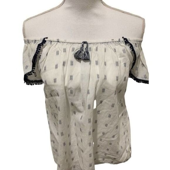 Lucky Brand Womens Top Off The Shoulder Crochet Trim White Navy Size Small NWT - Picture 3 of 12